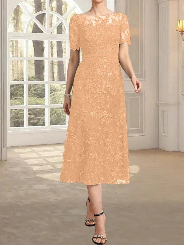 A-line Scoop Illusion Tea-Length Lace Mother of the Bride Dress With Sequins - Image 35