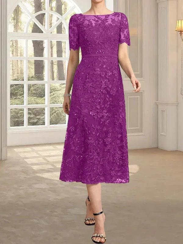 A-line Scoop Illusion Tea-Length Lace Mother of the Bride Dress With Sequins - Image 36