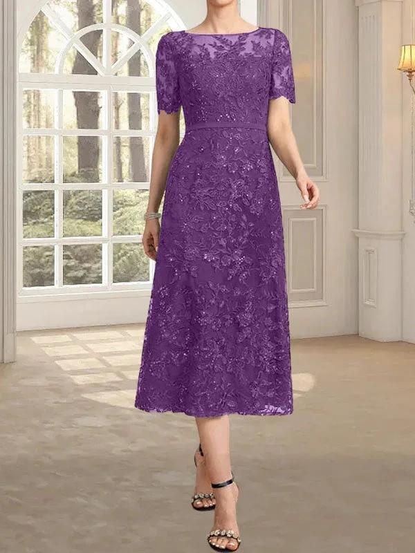 A-line Scoop Illusion Tea-Length Lace Mother of the Bride Dress With Sequins - Image 37
