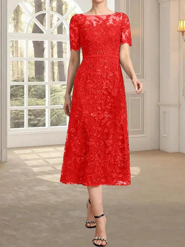 A-line Scoop Illusion Tea-Length Lace Mother of the Bride Dress With Sequins - Image 38