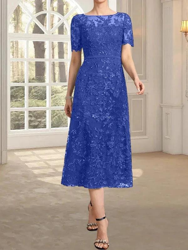 A-line Scoop Illusion Tea-Length Lace Mother of the Bride Dress With Sequins - Image 39
