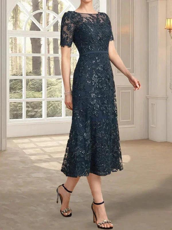 A-line Scoop Illusion Tea-Length Lace Mother of the Bride Dress With Sequins - Image 4