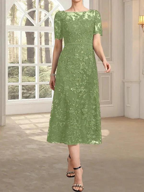 A-line Scoop Illusion Tea-Length Lace Mother of the Bride Dress With Sequins - Image 40