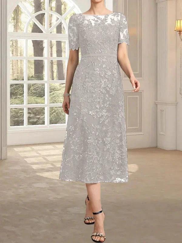 A-line Scoop Illusion Tea-Length Lace Mother of the Bride Dress With Sequins - Image 41
