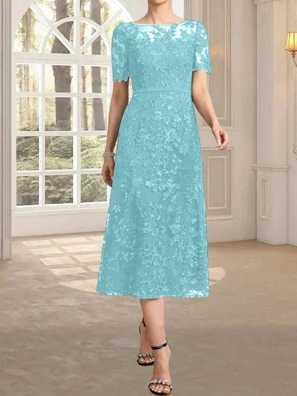 A-line Scoop Illusion Tea-Length Lace Mother of the Bride Dress With Sequins - Image 42