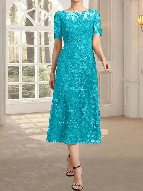 A-line Scoop Illusion Tea-Length Lace Mother of the Bride Dress With Sequins - Image 43