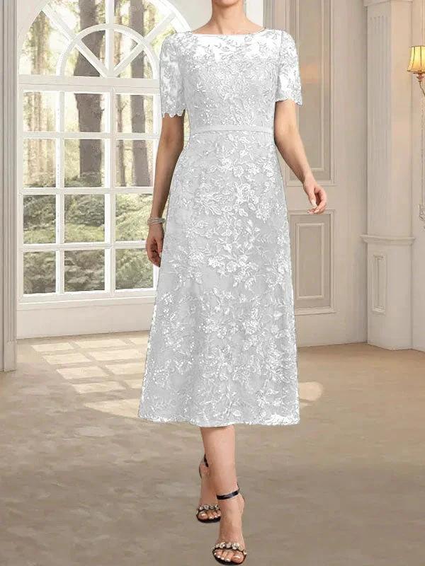 A-line Scoop Illusion Tea-Length Lace Mother of the Bride Dress With Sequins - Image 44