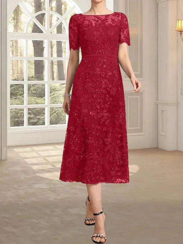 A-line Scoop Illusion Tea-Length Lace Mother of the Bride Dress With Sequins - Image 45