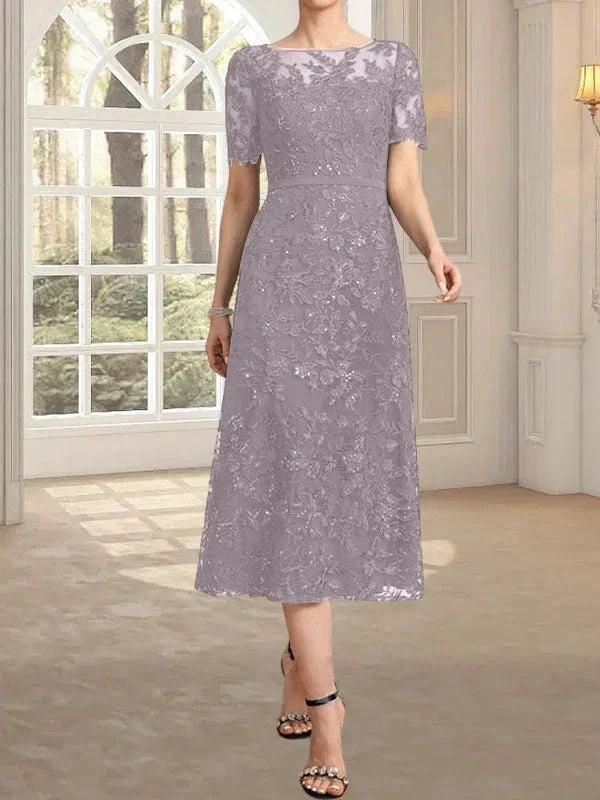 A-line Scoop Illusion Tea-Length Lace Mother of the Bride Dress With Sequins - Image 46