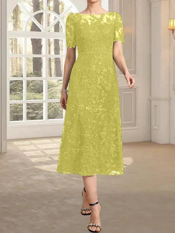 A-line Scoop Illusion Tea-Length Lace Mother of the Bride Dress With Sequins - Image 47