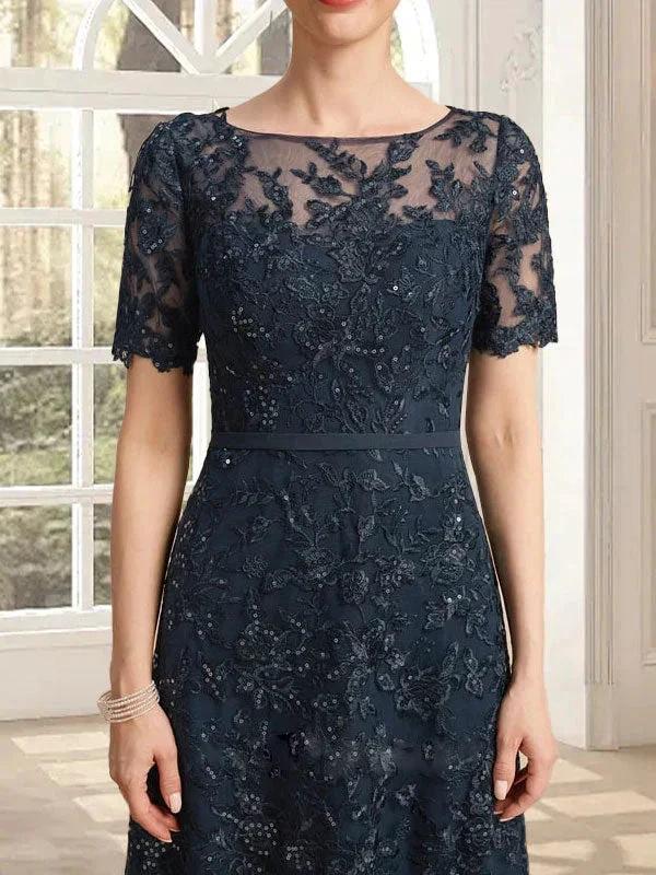 A-line Scoop Illusion Tea-Length Lace Mother of the Bride Dress With Sequins - Image 5