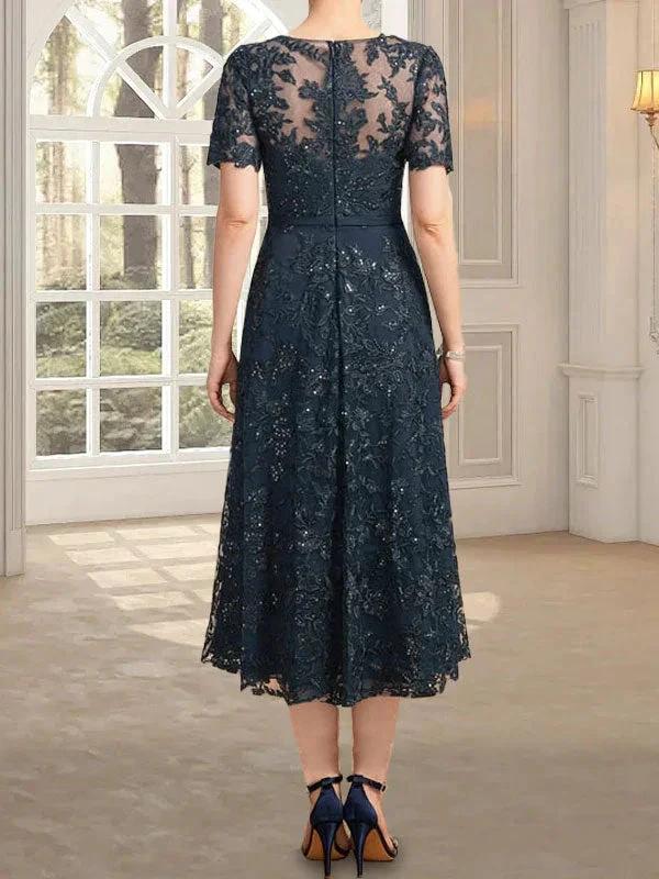 A-line Scoop Illusion Tea-Length Lace Mother of the Bride Dress With Sequins - Image 6