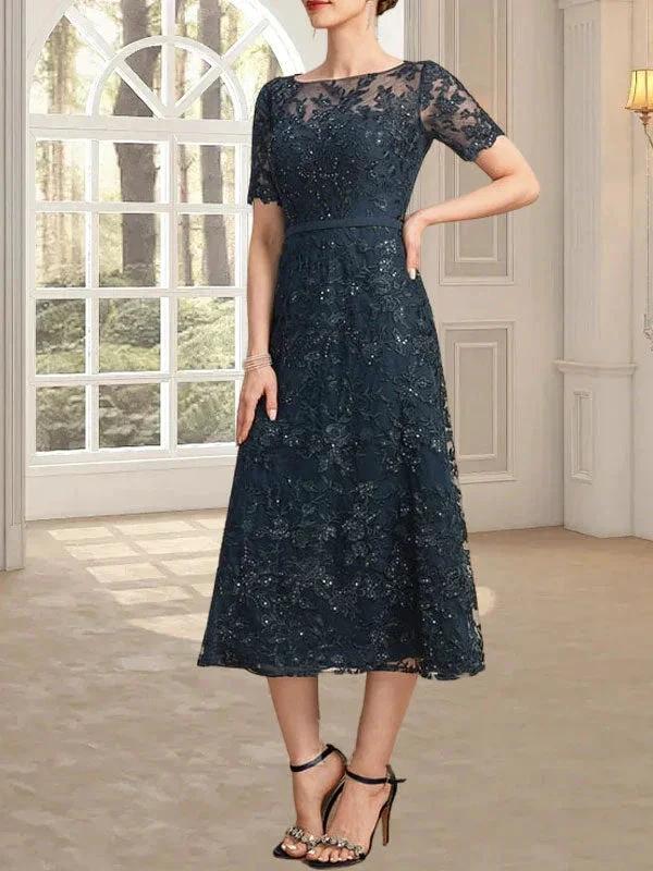 A-line Scoop Illusion Tea-Length Lace Mother of the Bride Dress With Sequins - Image 7