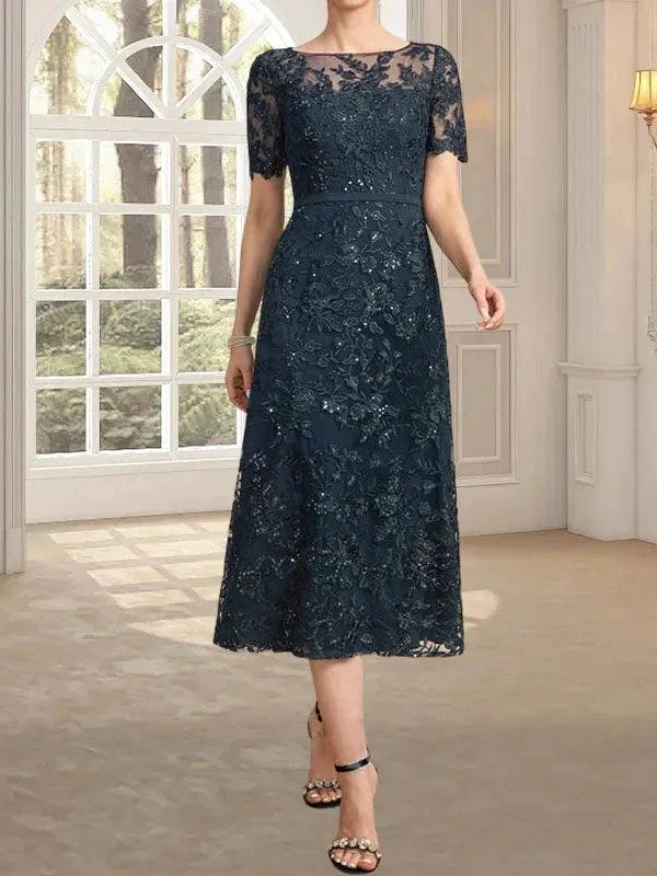 A-line Scoop Illusion Tea-Length Lace Mother of the Bride Dress With Sequins - Image 8