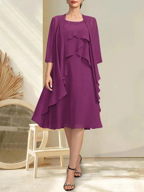 A-line Scoop Knee-Length Chiffon Mother of the Bride Dress With Beading - Image 12