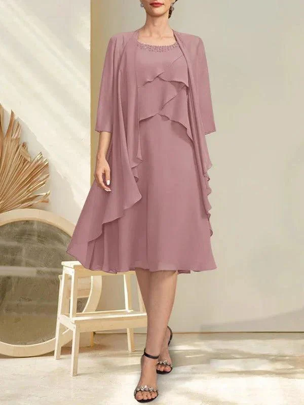 A-line Scoop Knee-Length Chiffon Mother of the Bride Dress With Beading - Image 13