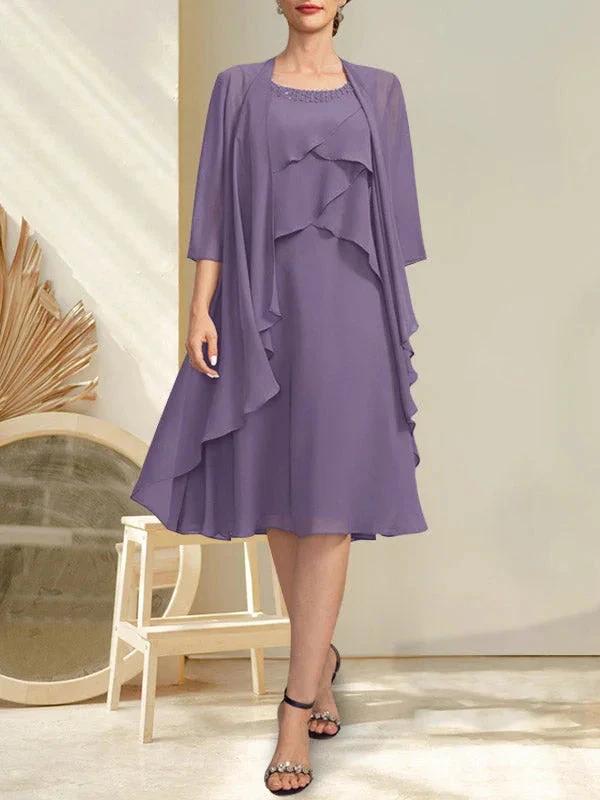 A-line Scoop Knee-Length Chiffon Mother of the Bride Dress With Beading - Image 15