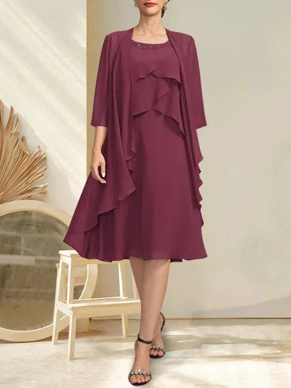 A-line Scoop Knee-Length Chiffon Mother of the Bride Dress With Beading - Image 17