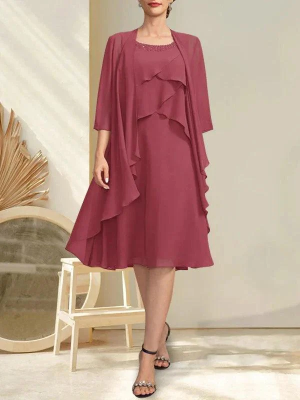 A-line Scoop Knee-Length Chiffon Mother of the Bride Dress With Beading - Image 18