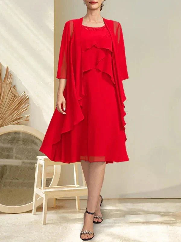 A-line Scoop Knee-Length Chiffon Mother of the Bride Dress With Beading - Image 19