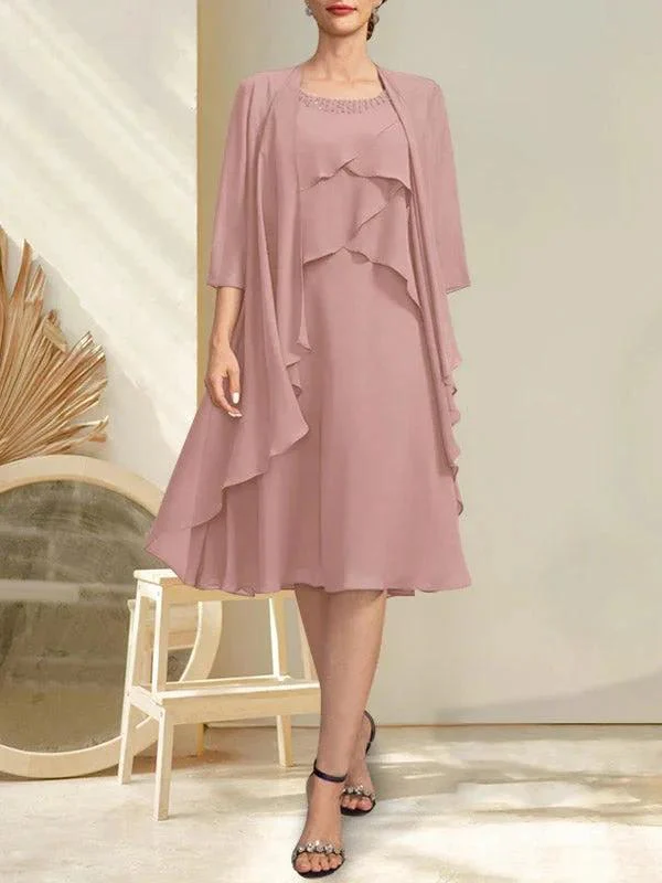 A-line Scoop Knee-Length Chiffon Mother of the Bride Dress With Beading - Image 2