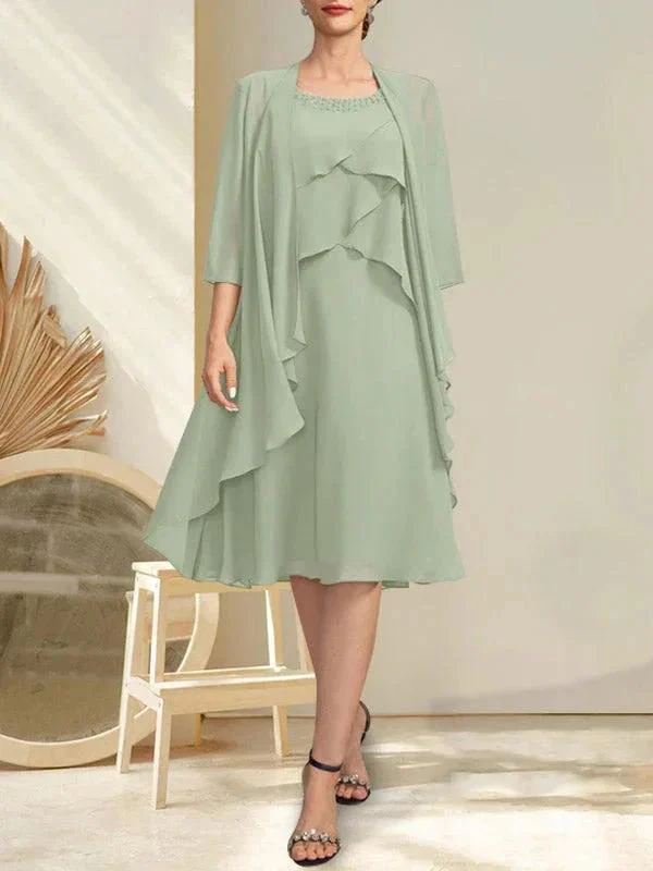 A-line Scoop Knee-Length Chiffon Mother of the Bride Dress With Beading - Image 23
