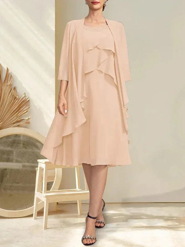 A-line Scoop Knee-Length Chiffon Mother of the Bride Dress With Beading - Image 3