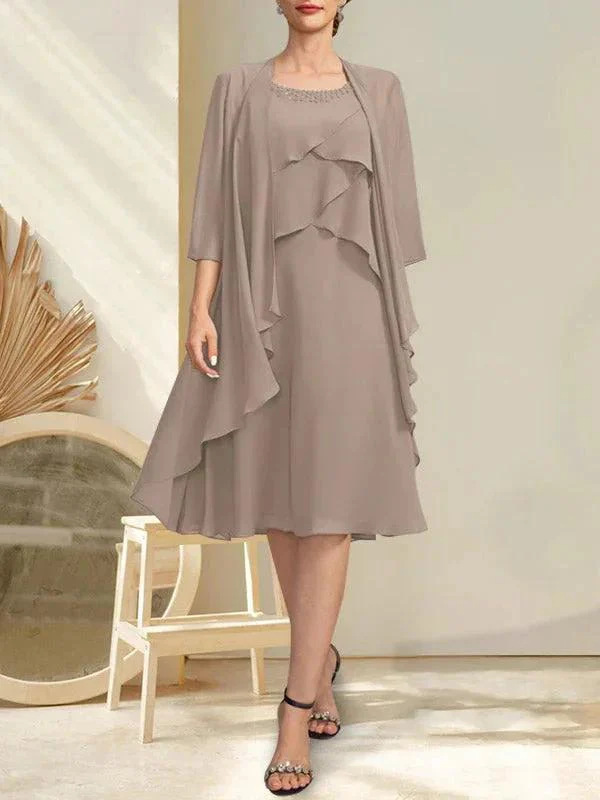A-line Scoop Knee-Length Chiffon Mother of the Bride Dress With Beading - Image 5