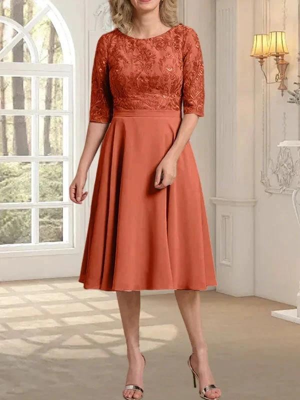 A-line Scoop Knee-Length Lace Chiffon Mother of the Bride Dress - Image 11