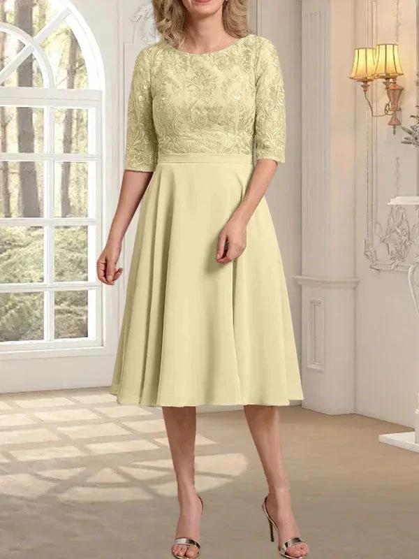 A-line Scoop Knee-Length Lace Chiffon Mother of the Bride Dress - Image 12