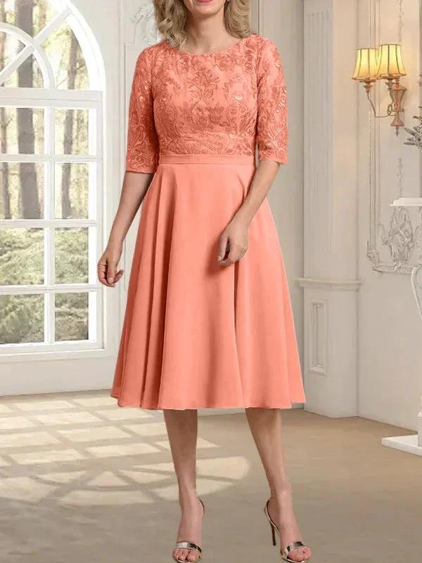 A-line Scoop Knee-Length Lace Chiffon Mother of the Bride Dress - Image 14
