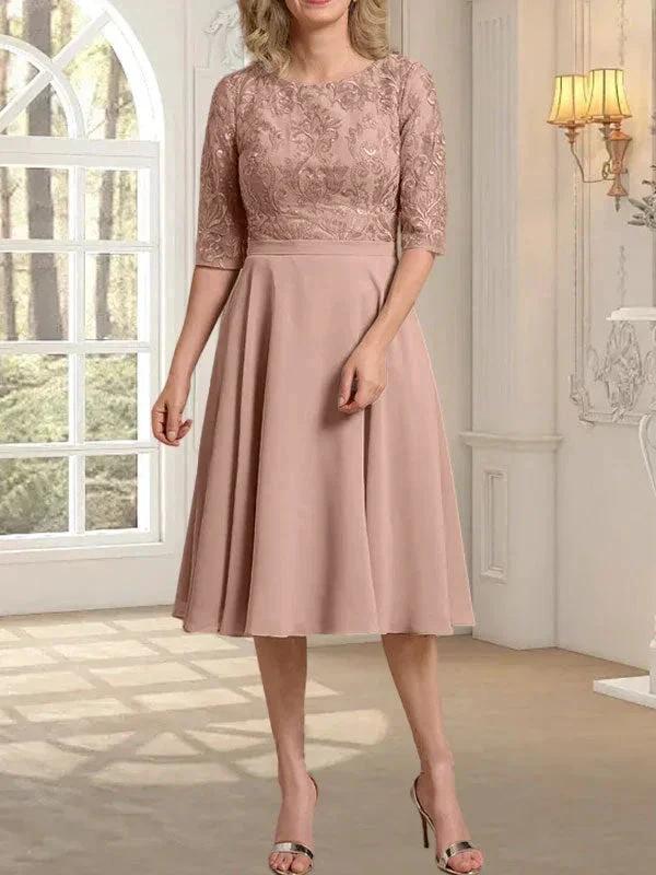 A-line Scoop Knee-Length Lace Chiffon Mother of the Bride Dress - Image 15