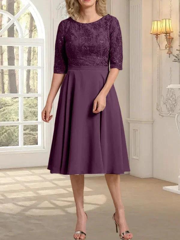 A-line Scoop Knee-Length Lace Chiffon Mother of the Bride Dress - Image 17