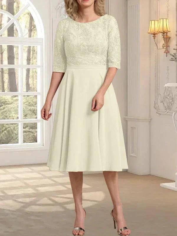 A-line Scoop Knee-Length Lace Chiffon Mother of the Bride Dress - Image 19