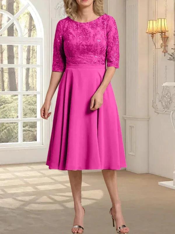 A-line Scoop Knee-Length Lace Chiffon Mother of the Bride Dress - Image 23