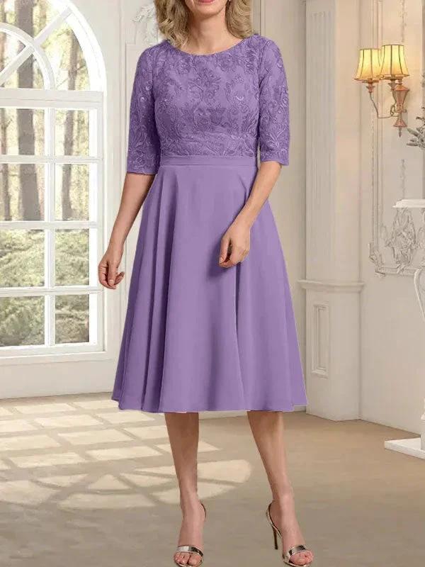 A-line Scoop Knee-Length Lace Chiffon Mother of the Bride Dress - Image 24