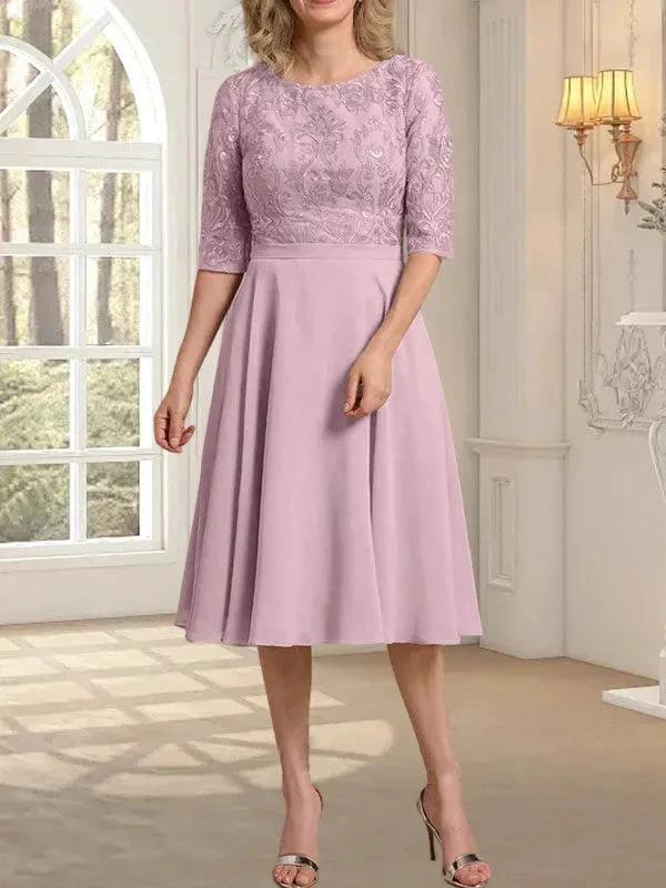 A-line Scoop Knee-Length Lace Chiffon Mother of the Bride Dress - Image 25