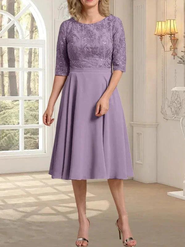 A-line Scoop Knee-Length Lace Chiffon Mother of the Bride Dress - Image 26