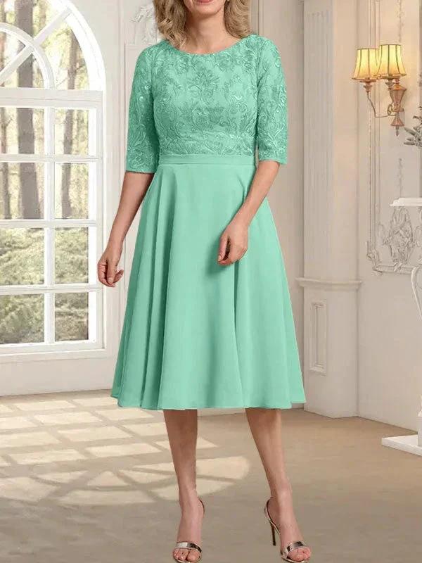 A-line Scoop Knee-Length Lace Chiffon Mother of the Bride Dress - Image 27