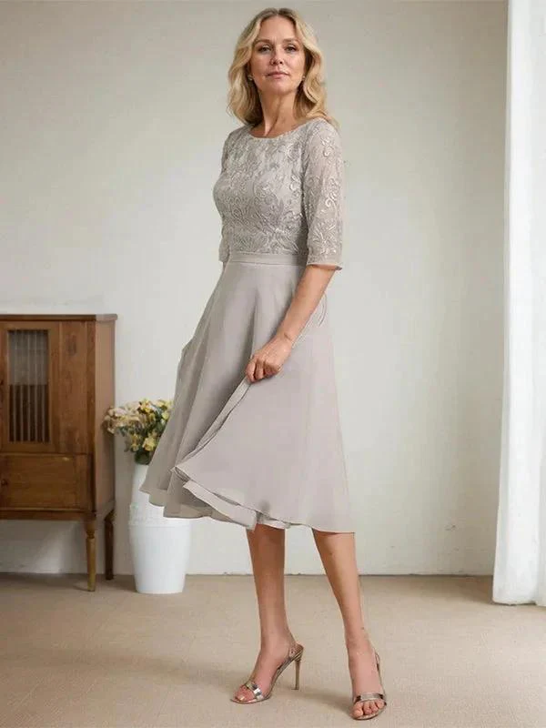 A-line Scoop Knee-Length Lace Chiffon Mother of the Bride Dress - Image 3