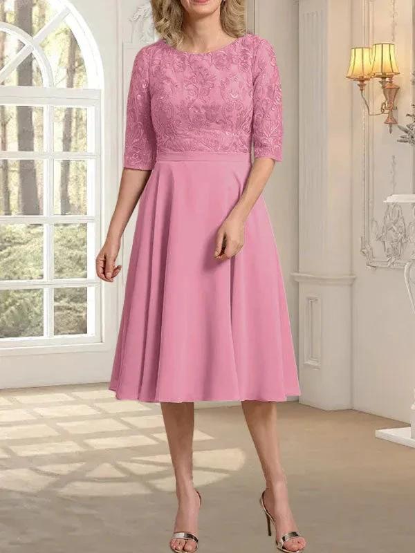 A-line Scoop Knee-Length Lace Chiffon Mother of the Bride Dress - Image 31