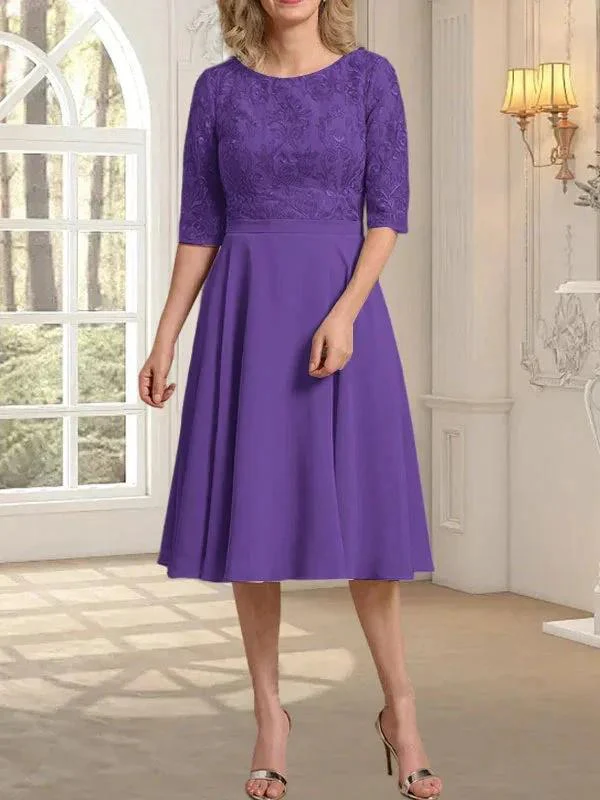 A-line Scoop Knee-Length Lace Chiffon Mother of the Bride Dress - Image 32