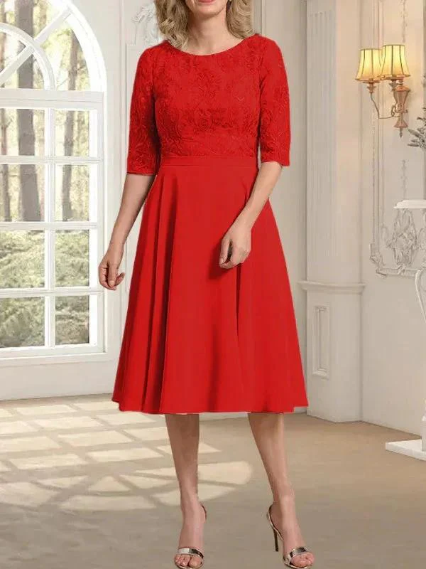 A-line Scoop Knee-Length Lace Chiffon Mother of the Bride Dress - Image 33