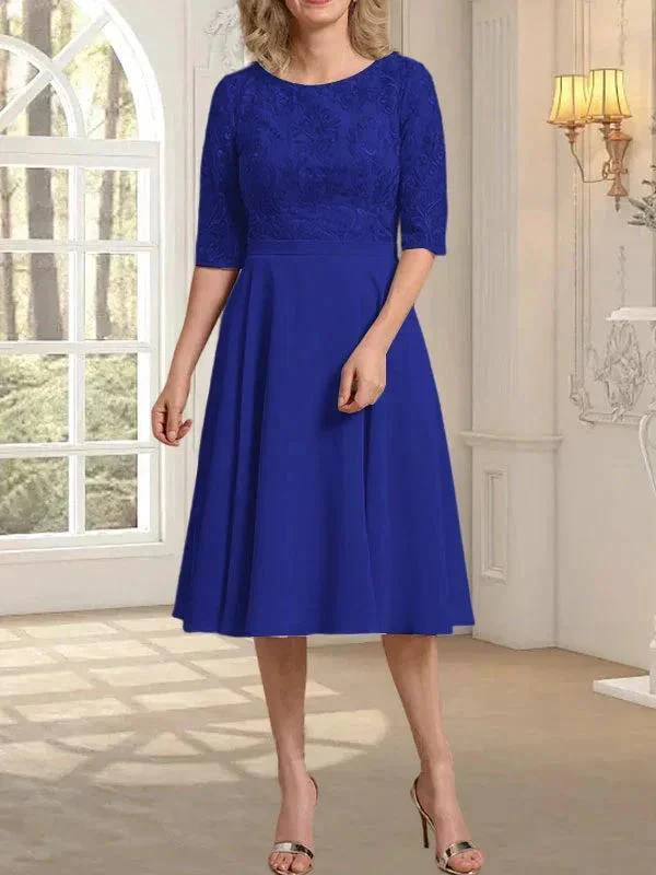 A-line Scoop Knee-Length Lace Chiffon Mother of the Bride Dress - Image 34
