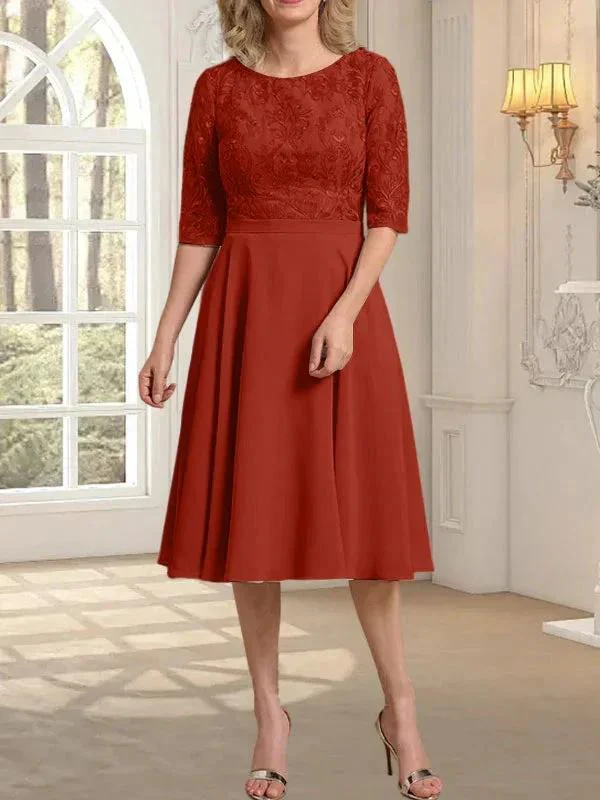 A-line Scoop Knee-Length Lace Chiffon Mother of the Bride Dress - Image 35