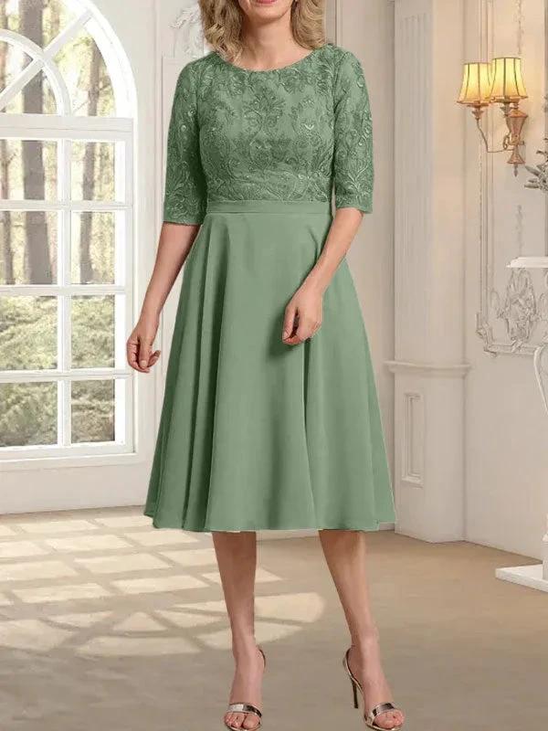 A-line Scoop Knee-Length Lace Chiffon Mother of the Bride Dress - Image 36