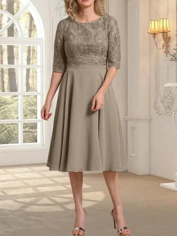 A-line Scoop Knee-Length Lace Chiffon Mother of the Bride Dress - Image 37