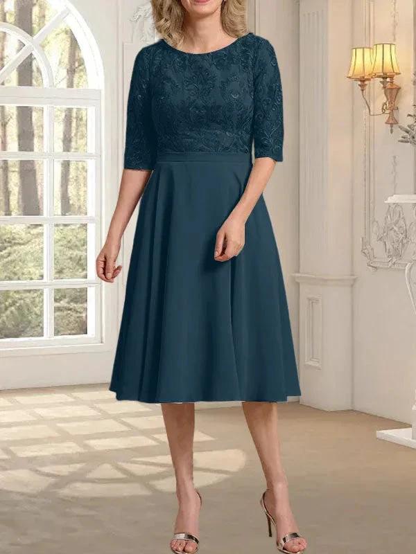 A-line Scoop Knee-Length Lace Chiffon Mother of the Bride Dress - Image 38