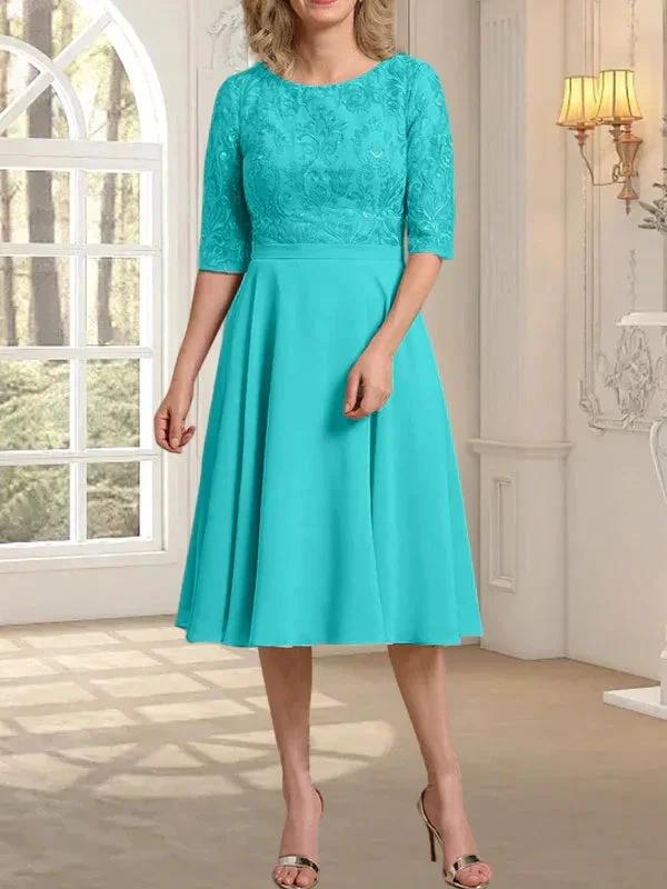 A-line Scoop Knee-Length Lace Chiffon Mother of the Bride Dress - Image 39