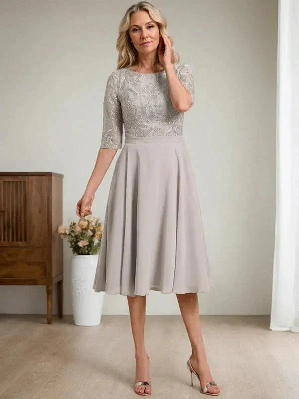 A-line Scoop Knee-Length Lace Chiffon Mother of the Bride Dress - Image 4